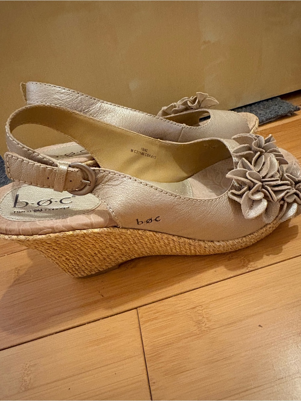 b.o.c. Beige Slingback Wedge Sandals with Floral Applique
